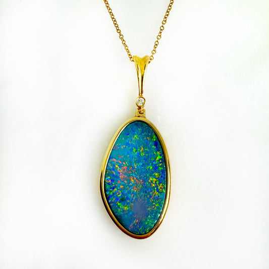 14K Yellow Gold Freeform Doublet Opal - Free Form Pendant with Diamonds