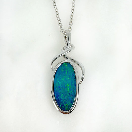 14K White Gold Freeform Doublet Opal - Free Form Pendant