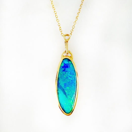 14K Yellow Gold Freeform Doublet Opal - Free Form Pendant with Diamonds