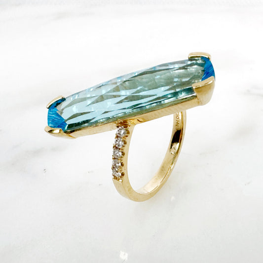 18K Yellow Gold Freeform Swiss Blue Topaz Ring with Diamonds