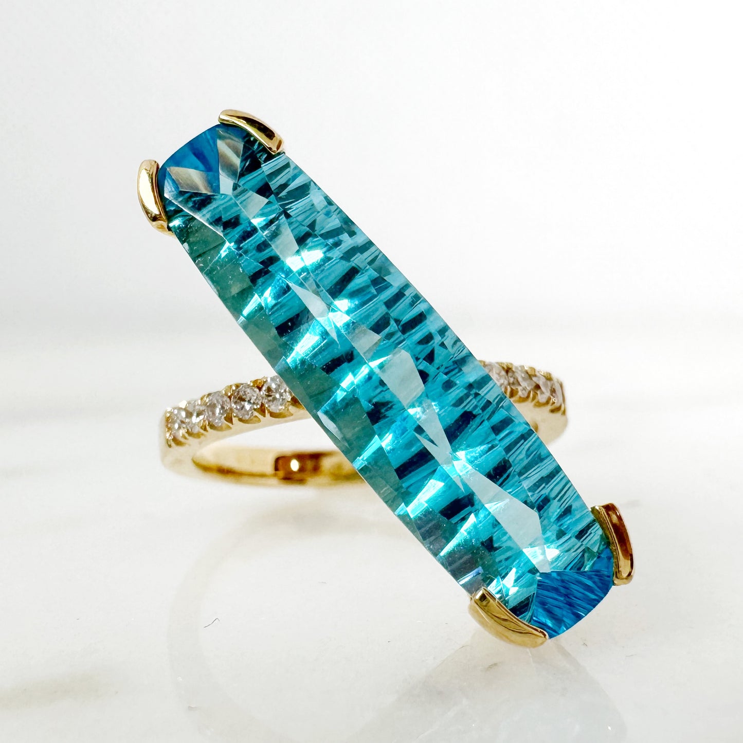 18K Yellow Gold Freeform Swiss Blue Topaz Ring with Diamonds