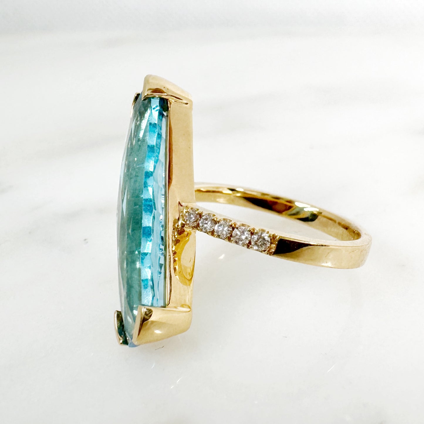 18K Yellow Gold Freeform Swiss Blue Topaz Ring with Diamonds