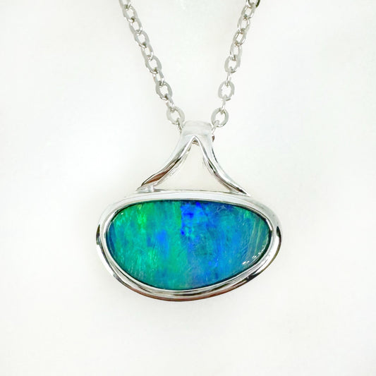 14K White Gold Freeform Doublet Opal - Free Form Pendant