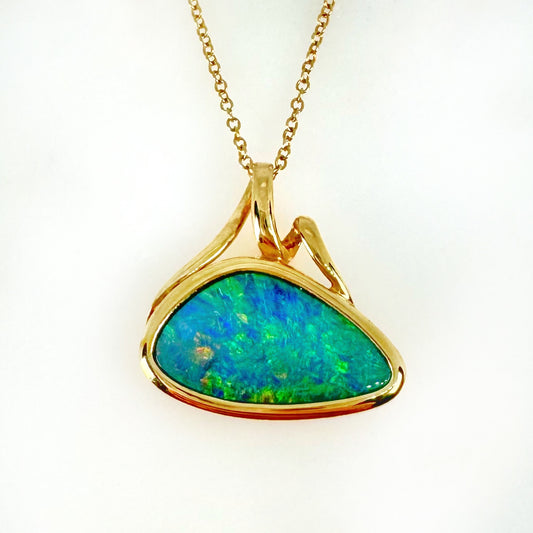 14K Yellow Gold Freeform Doublet Opal - Free Form Pendant