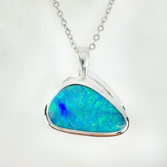 14K White Gold Freeform Doublet Opal - Free Form Pendant