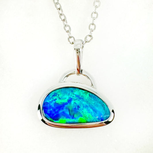 14K White Gold Freeform Doublet Opal - Free Form Pendant