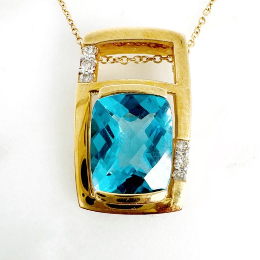 18K Yellow Gold Cushion Swiss Blue Topaz Pendant with Diamonds