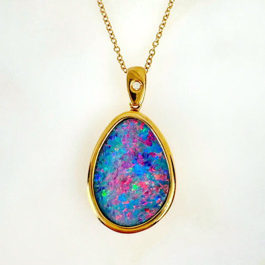 14K Yellow Gold Freeform Doublet Opal - Free Form Pendant with Diamonds