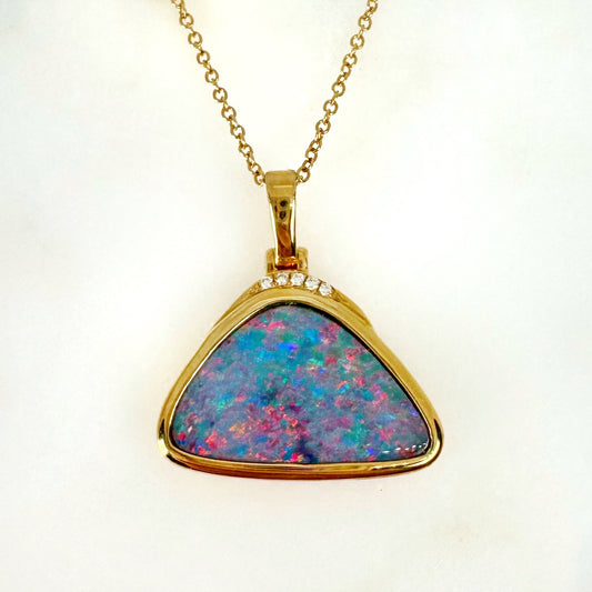 14K Yellow Gold Freeform Doublet Opal - Free Form Pendant with Diamonds