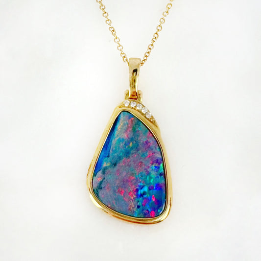 14K Yellow Gold Freeform Doublet Opal - Free Form Pendant with Diamonds