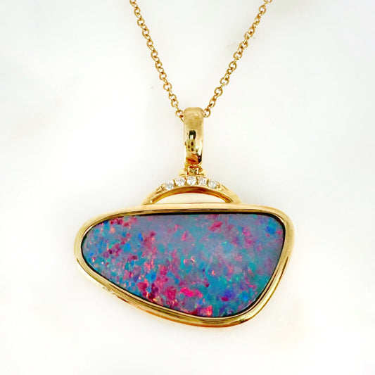 14K Yellow Gold Freeform Doublet Opal - Free Form Pendant with Diamonds