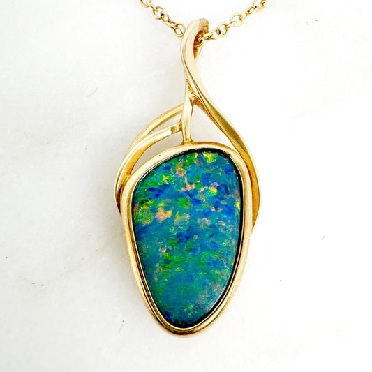 14K Yellow Gold Freeform Doublet Opal Pendant