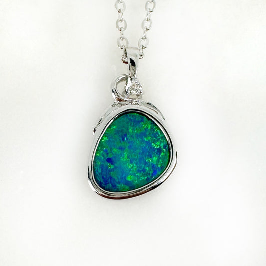 14K White Gold Freeform Doublet Opal - Free Form Pendant with Diamonds