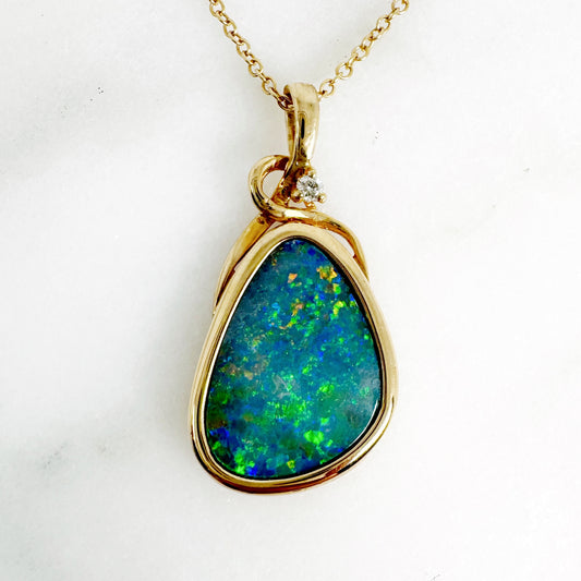 14K Yellow Gold Freeform Doublet Opal Pendant with Diamonds