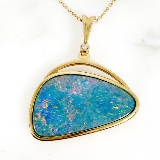 14K Yellow Gold Freeform Doublet Opal Pendant with Diamonds