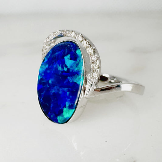 14K White Gold Freeform Australian Doublet Opal Ring with Diamonds