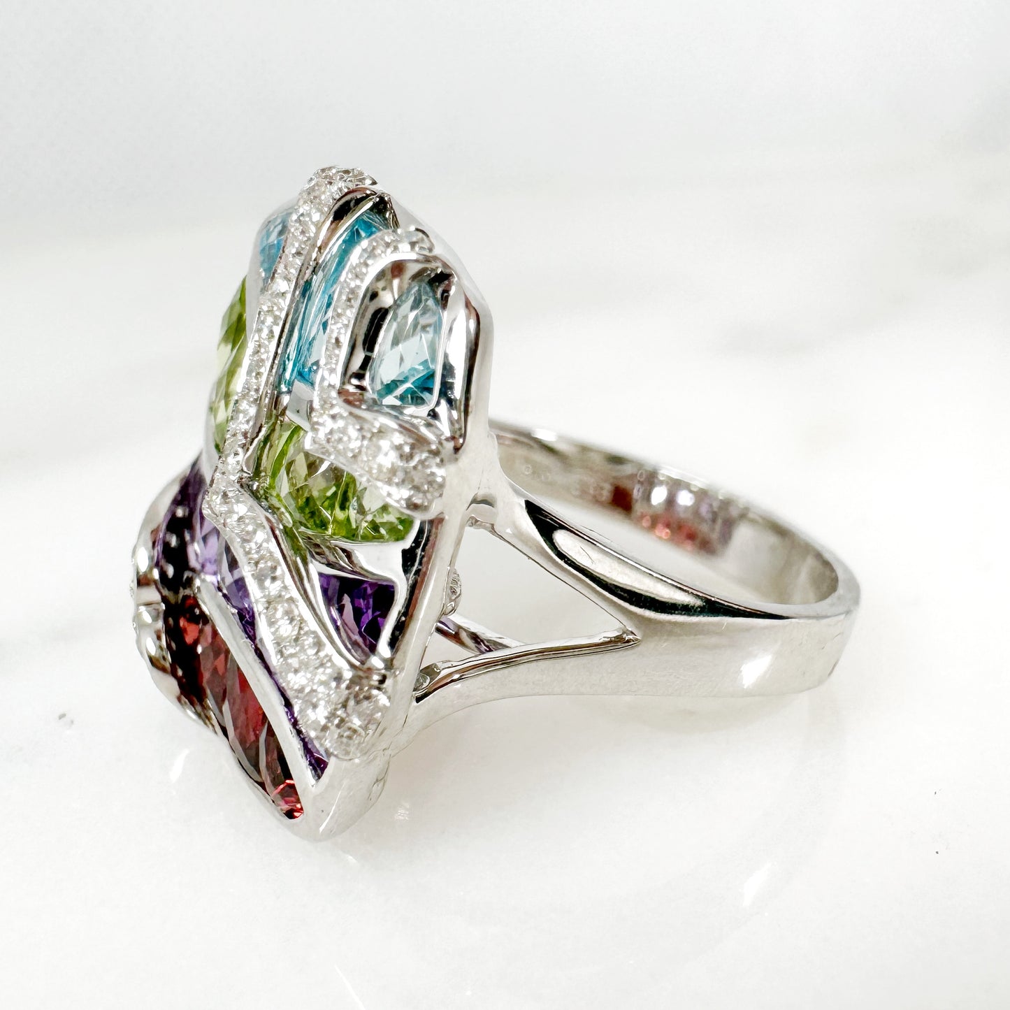 14K White Gold Freeform Multi-Stone Ring with Diamonds