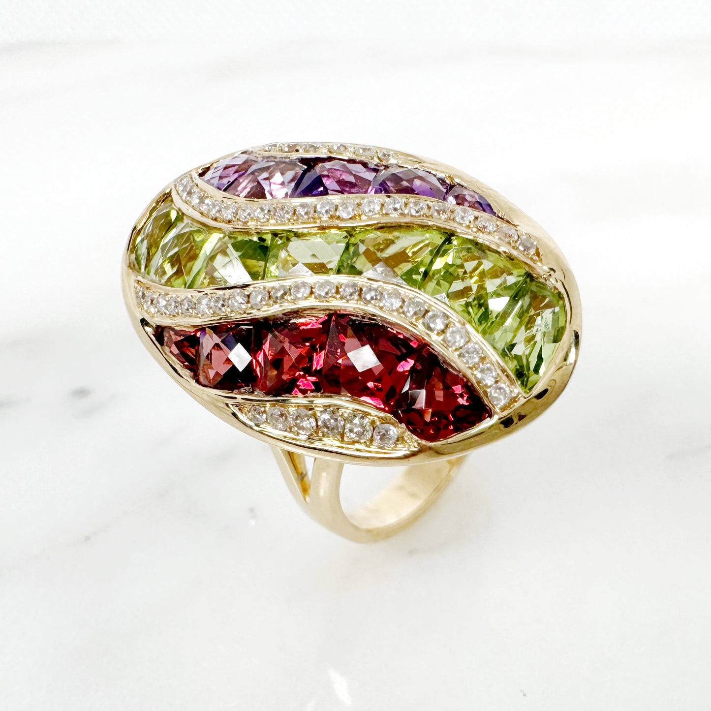 14K Yellow Gold Freeform Multi-Stone Ring with Diamonds