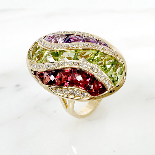 14K Yellow Gold Freeform Multi-Stone Ring with Diamonds