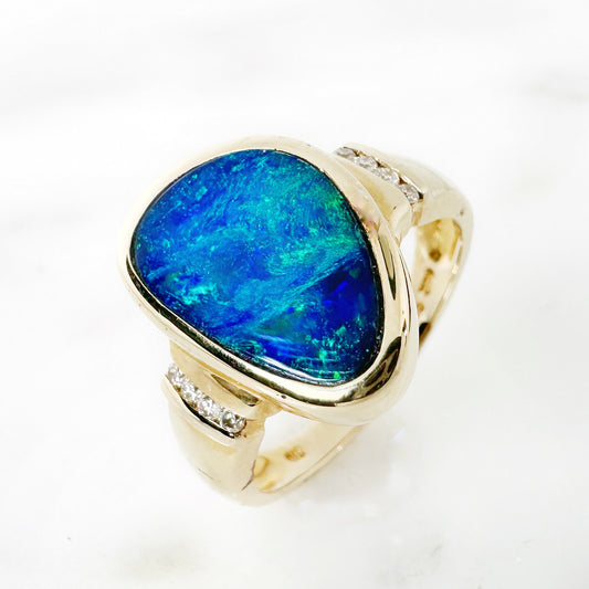 14k Yellow Gold Freeform Australian Opal Ring with Diamonds