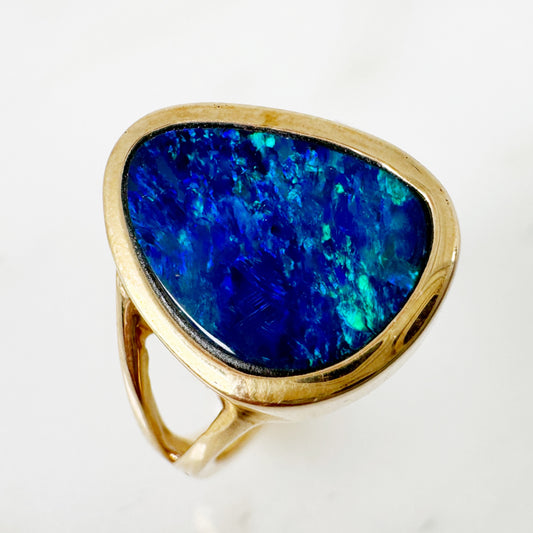 14K Yellow Gold Freeform Australian Doublet Opal Ring with Diamonds