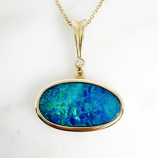 14K Yellow Gold Freeform Doublet Opal Pendant with Diamonds