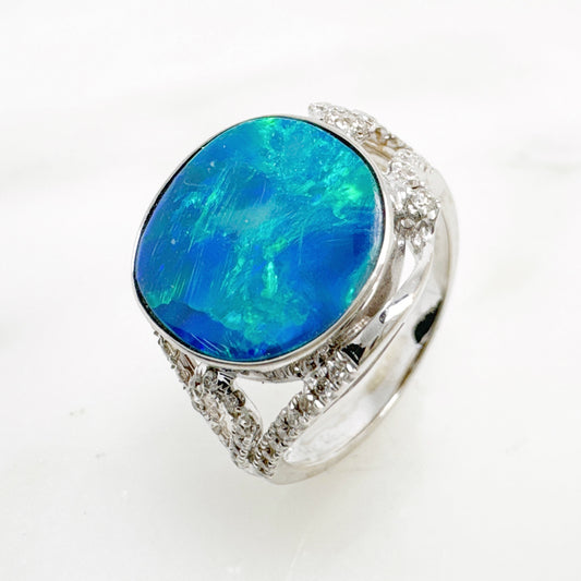 14K White Gold Freeform Australian Doublet Opal Ring with Diamonds