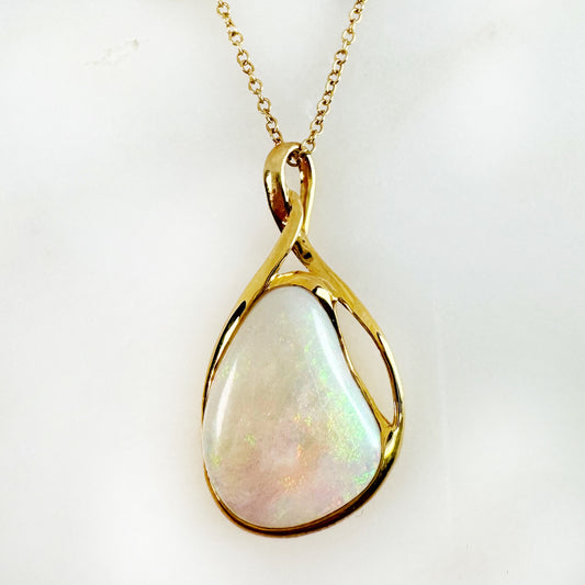 18K Yellow Gold Freeform Solid White Opal Pendant