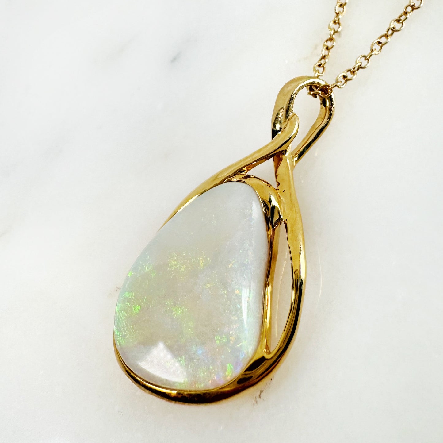 18K Yellow Gold Freeform Solid White Opal Pendant