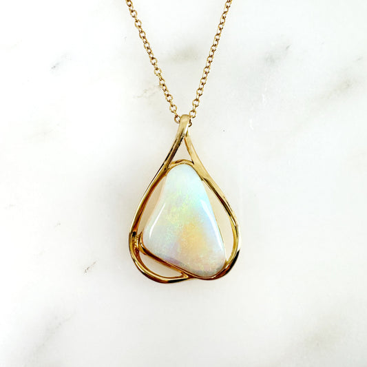 18K Yellow Gold Freeform Solid White Opal Pendant