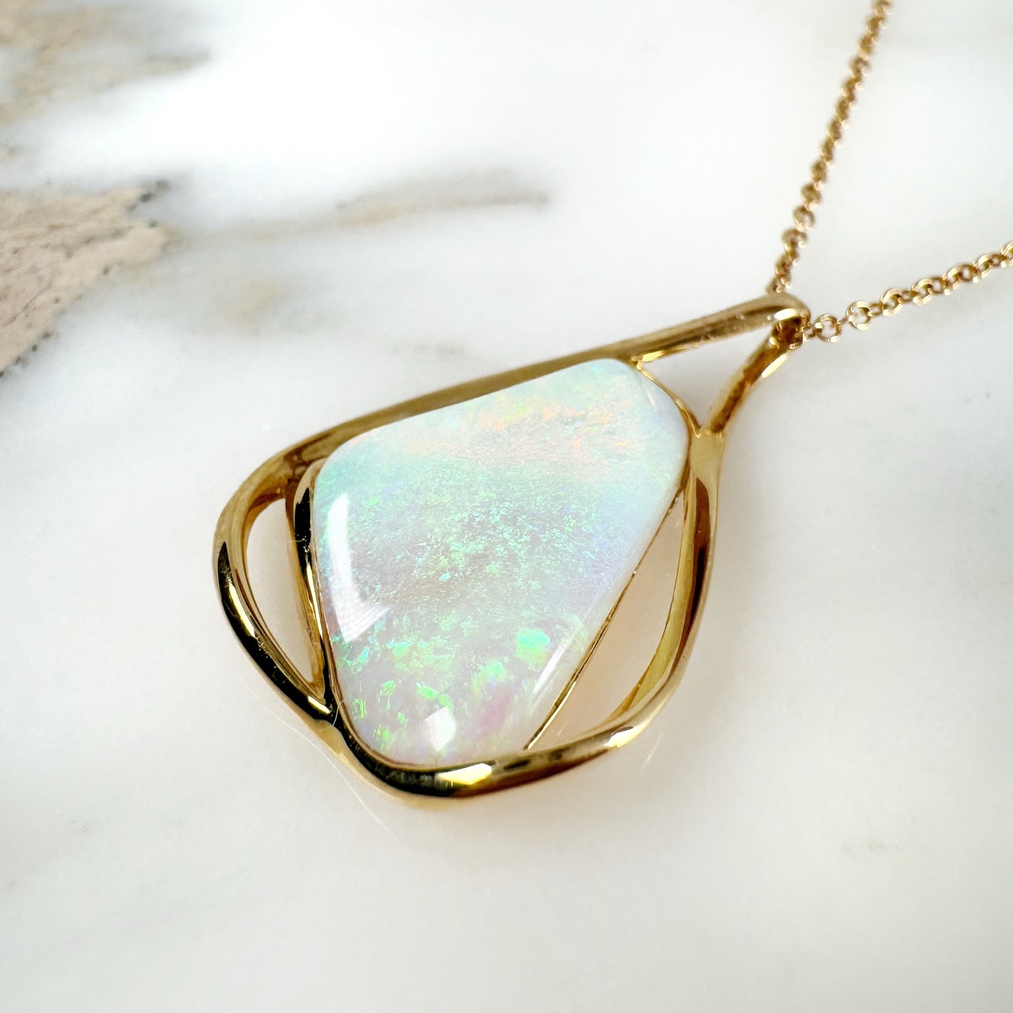 18K Yellow Gold Freeform Solid White Opal Pendant