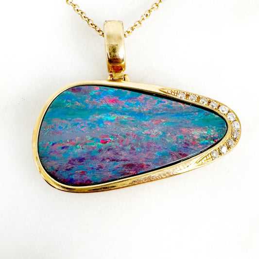 14K Yellow Gold Freeform Doublet Opal Pendant with Diamonds