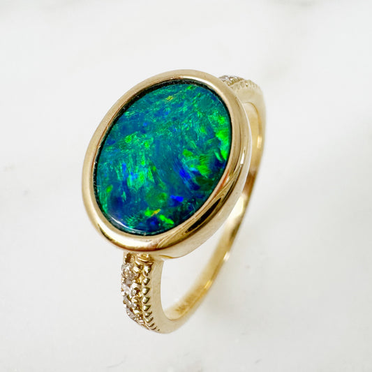 14K Yellow Gold Oval Australian Doublet Opal Ring with Diamonds