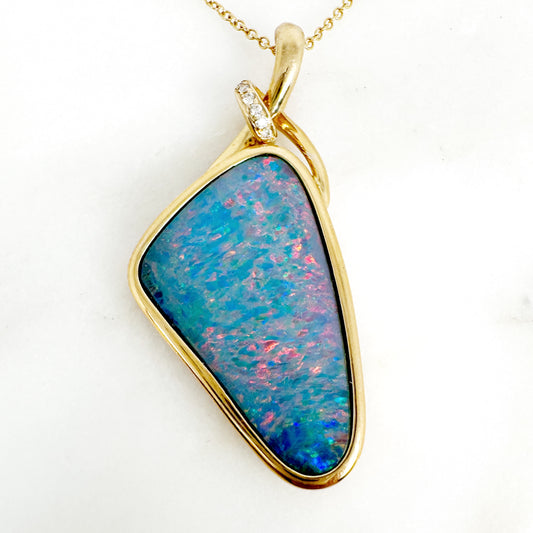 14K Yellow Gold Freeform Doublet Opal Pendant with Diamonds