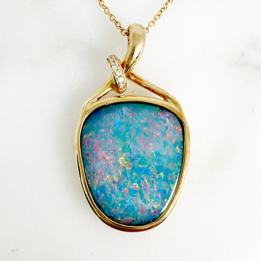 14K Yellow Gold Freeform Doublet Opal Pendant with Diamonds