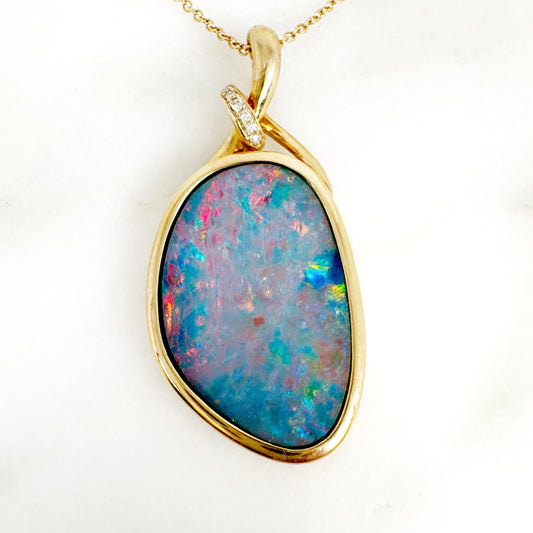 14K Yellow Gold Freeform Doublet Opal Pendant with Diamonds