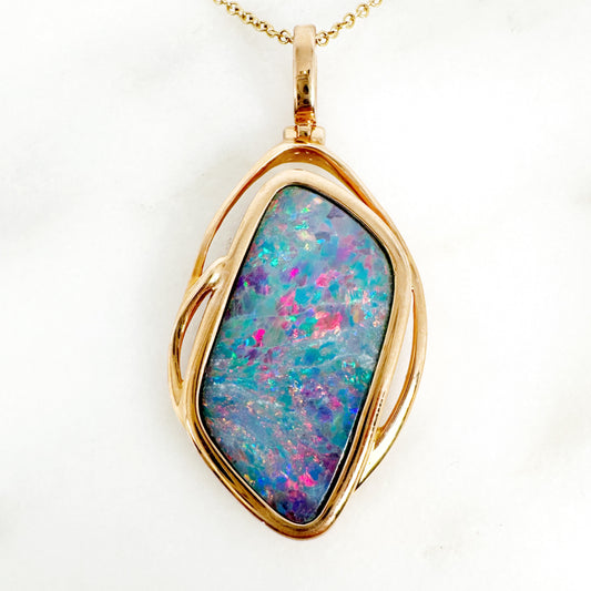 14K Yellow Gold Freeform Doublet Opal Pendant