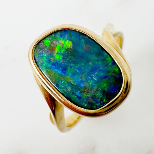 14K Yellow Gold Freeform Australian Doublet Opal Ring