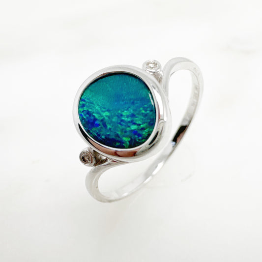 14K White Gold Freeform Australian Doublet Opal Ring with Diamonds