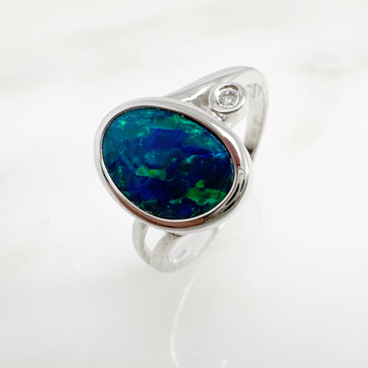 14K White Gold Freeform Australian Doublet Opal Ring with Diamonds