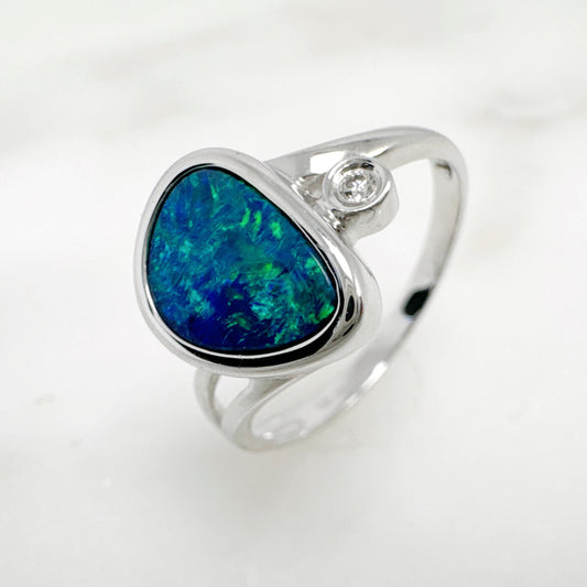 14K White Gold Freeform Australian Doublet Opal Ring with Diamonds