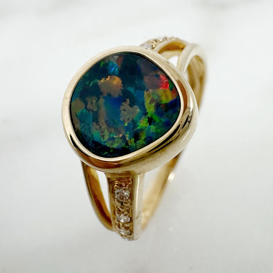 14K Yellow Gold Freeform Australian Doublet Opal Ring with Diamonds