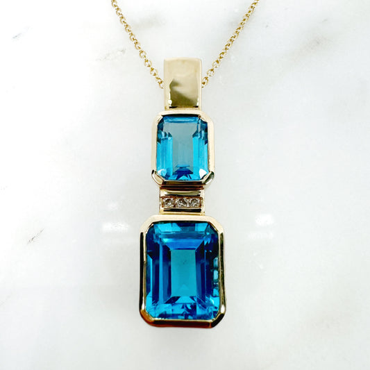 14k Yellow Gold Swiss Blue Topaz Pendant with Diamonds