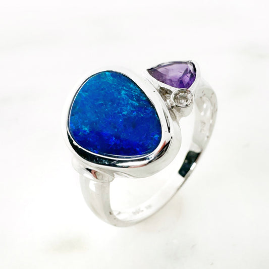 14k White Gold Freeform Australian Opal Ring % Amethyst with Diamonds