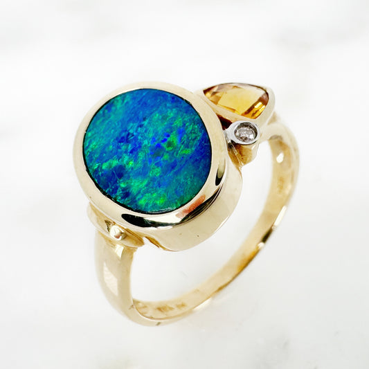 14k Yellow Gold Freeform Australian Opal Ring & Citrine with Diamonds