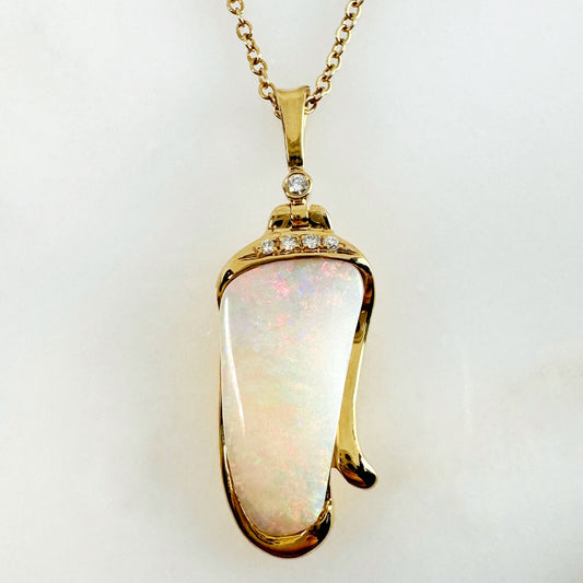 18K Yellow Gold Freeform Solid White Opal Pendant with Diamonds