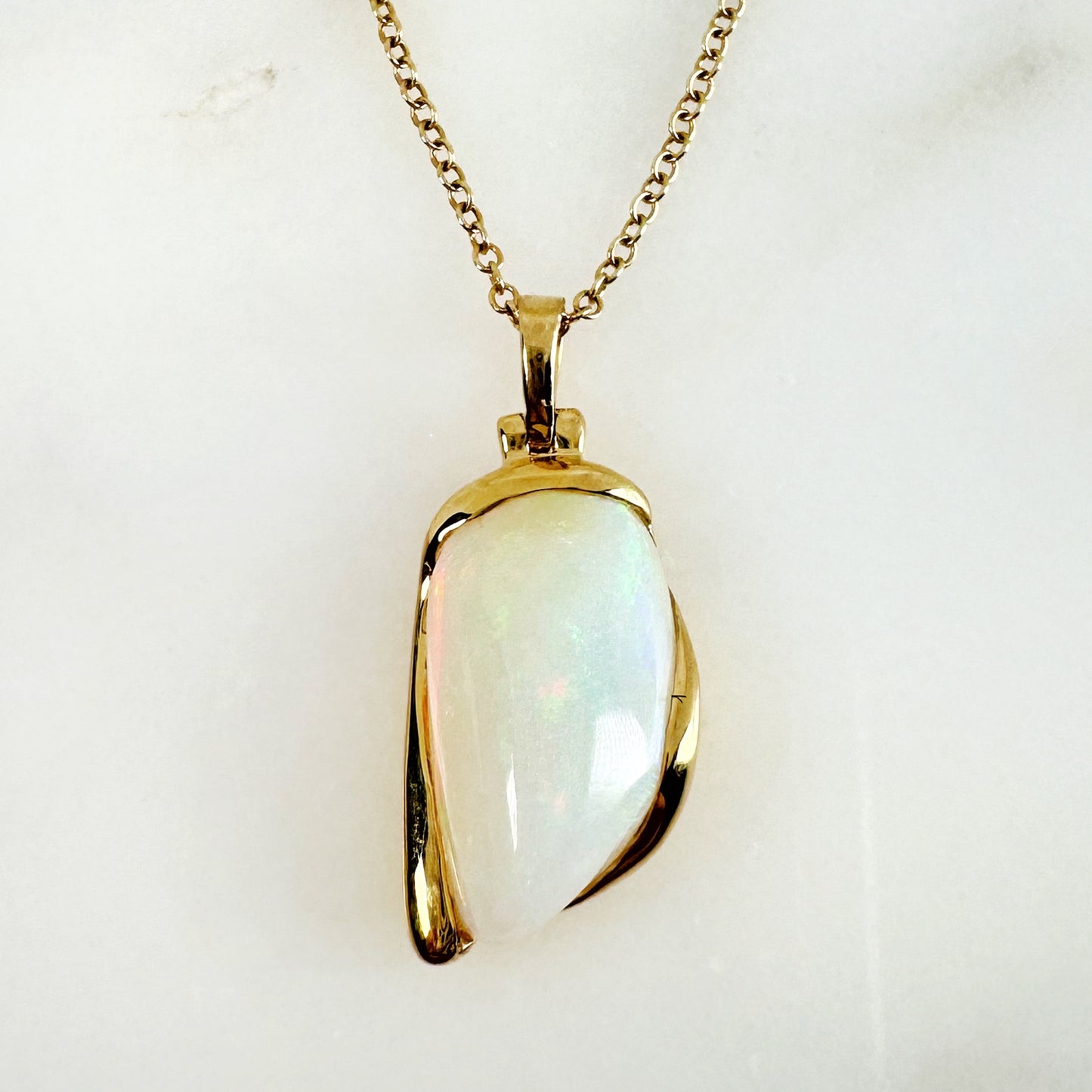 18K Yellow Gold Freeform Solid White Opal Pendant