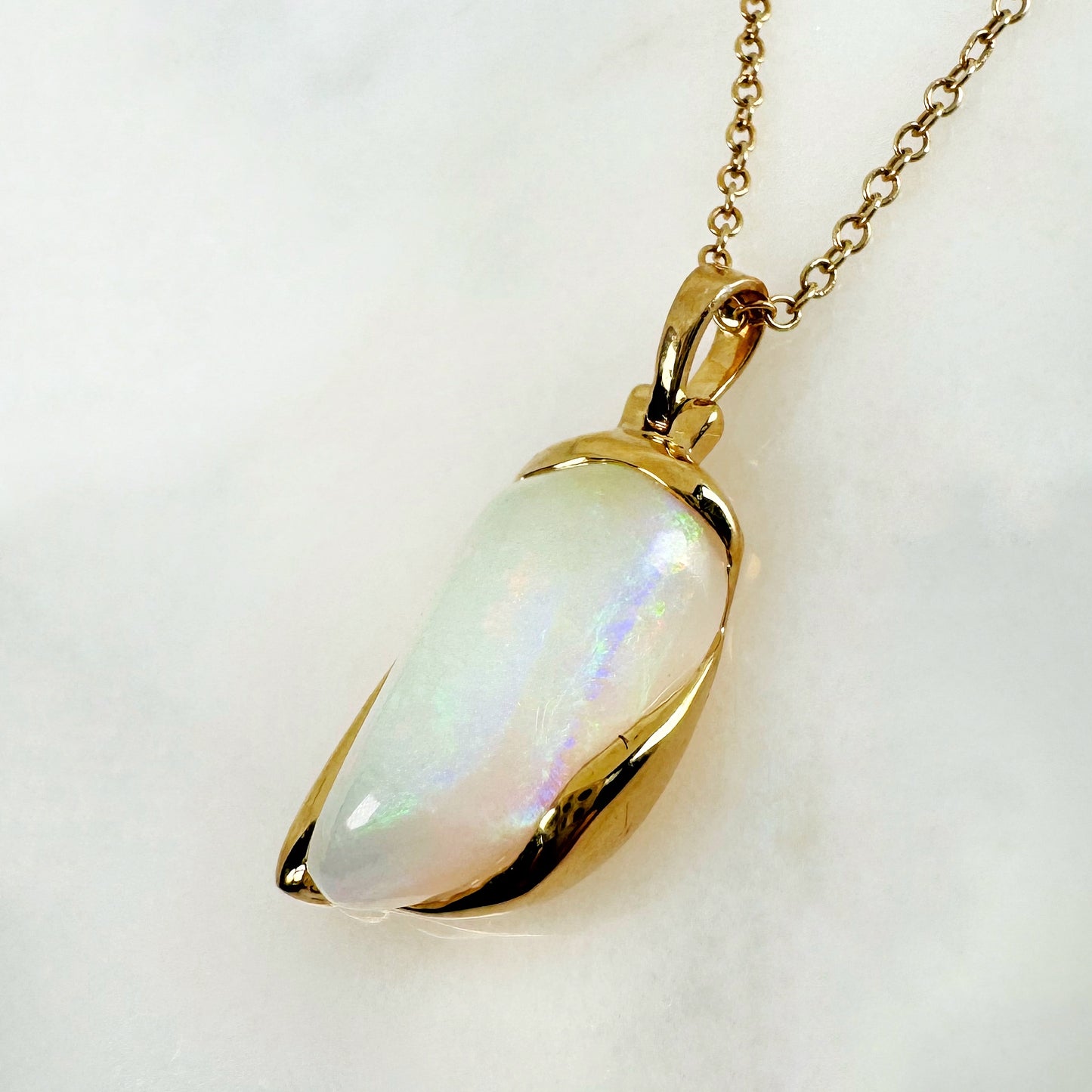 18K Yellow Gold Freeform Solid White Opal Pendant