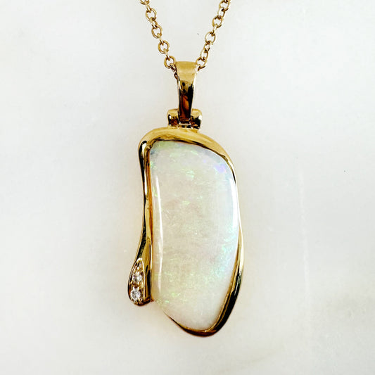 18K Yellow Gold Freeform Solid White Opal Pendant with Diamonds