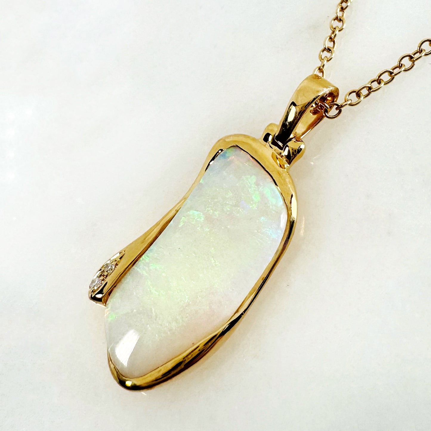 18K Yellow Gold Freeform Solid White Opal Pendant with Diamonds